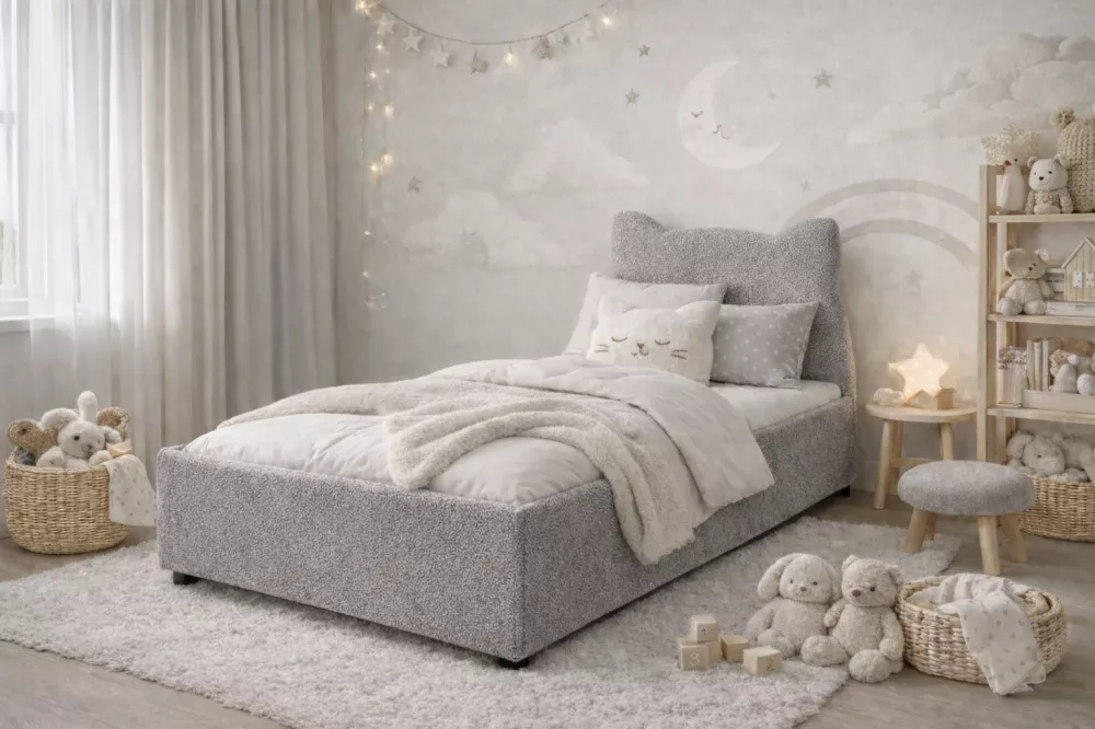 Bērnu gulta Ines 90x200 ar stelāžām Guļamvietas platums: 90 cm, Guļamvietas garums: 200 cm, · Gaiši pelēks · 93 × 208 × 
