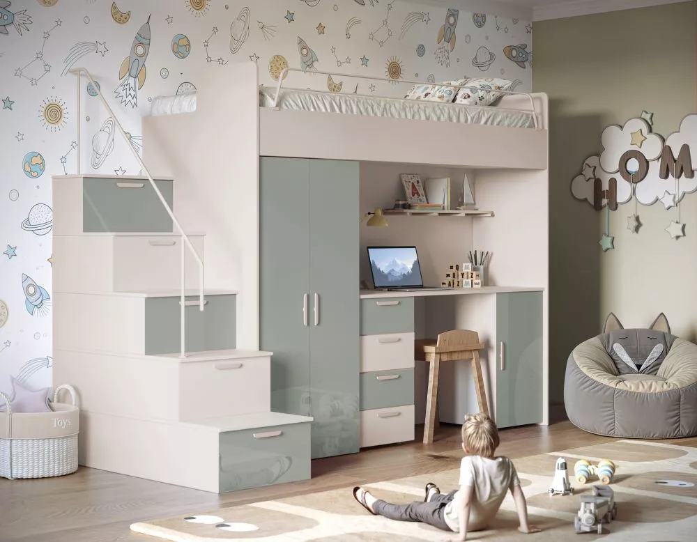 Bērnu gulta Raj 4 Gloss ar stelāžu Guļamvietas platums: 80 cm, Guļamvietas garums: 200 cm, · 120 × 254 × 180 cm