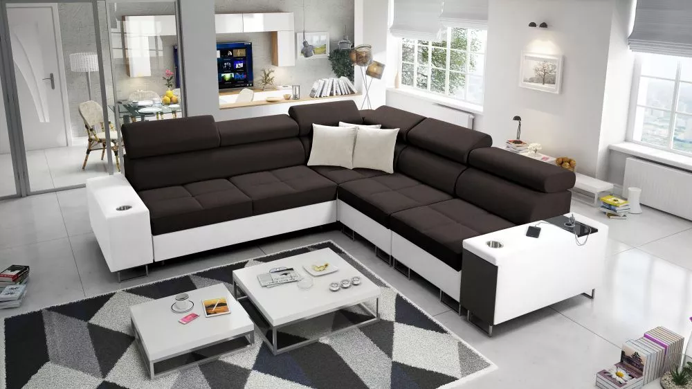 Dīvāns Morena 3 Premium Standard · Tumši brūns + balts · 283 × 284 × 84 cm
