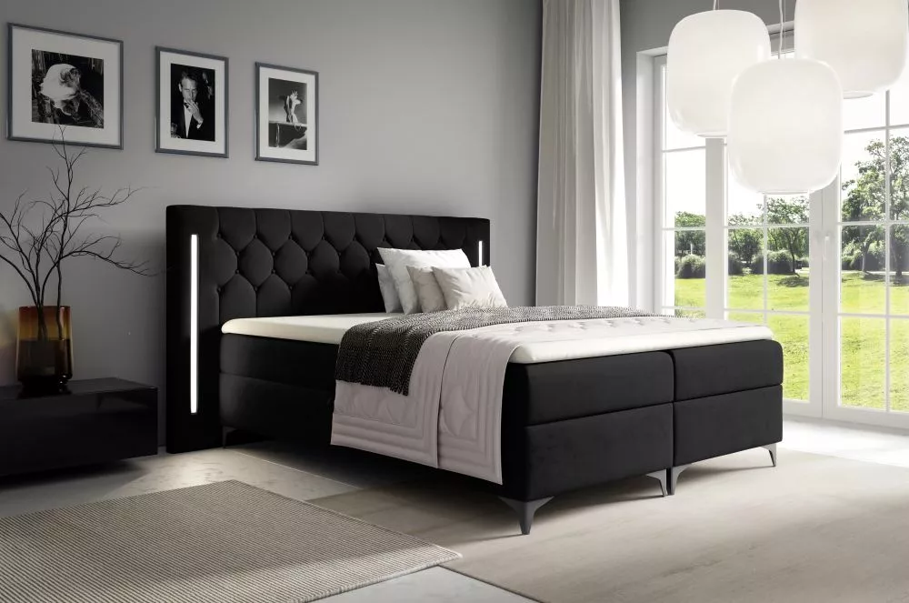 Gulta California Boxspring Standard ar LED Guļamvietas platums: 120 cm, Guļamvietas garums: 200 cm, · Melns · 152 × 208 