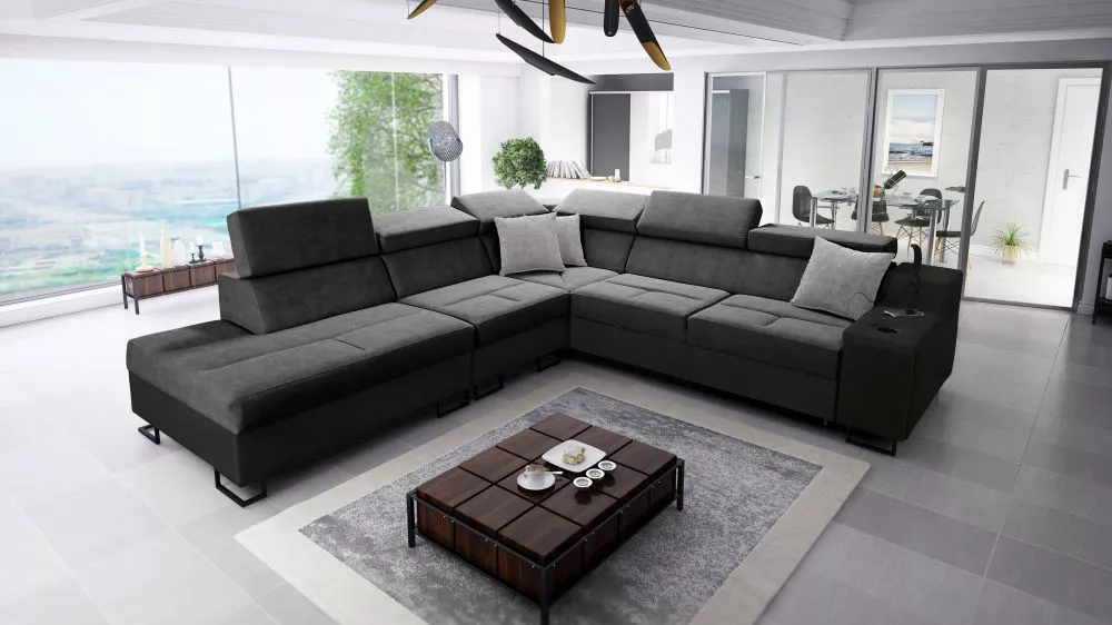 Dīvāns Alicante 9 Whisper Eco Standard · Tumši pelēks + melns · 287 × 300 × 81 cm