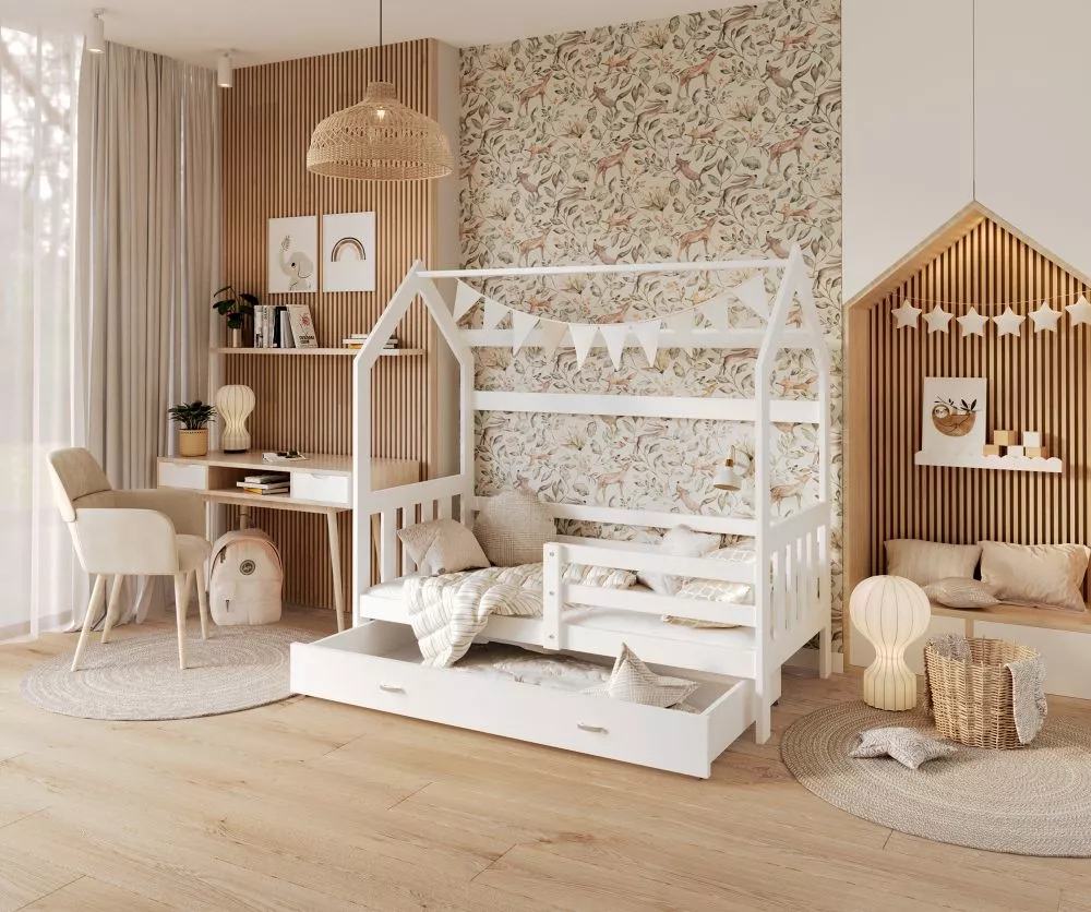 Bērnu gulta Domek 80x160 2 ar stelāžu Guļamvietas platums: 80 cm, Guļamvietas garums: 160 cm, · 84 × 164 × 180 cm
