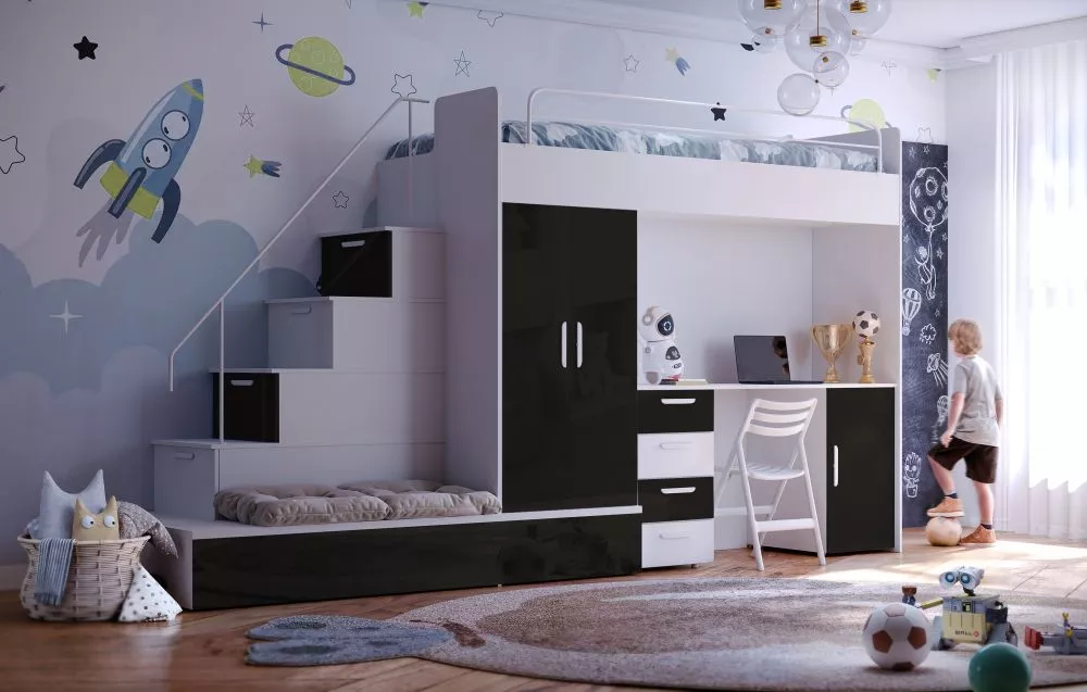 Bērnu gulta Raj 5 W gloss ar stelāžu Guļamvietas platums: 80 cm, Guļamvietas garums: 200 cm, · 85 × 324 × 180 cm