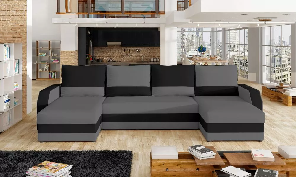 Dīvāns Marion standard · Pelēks + melns · 146 × 307 × 85 cm