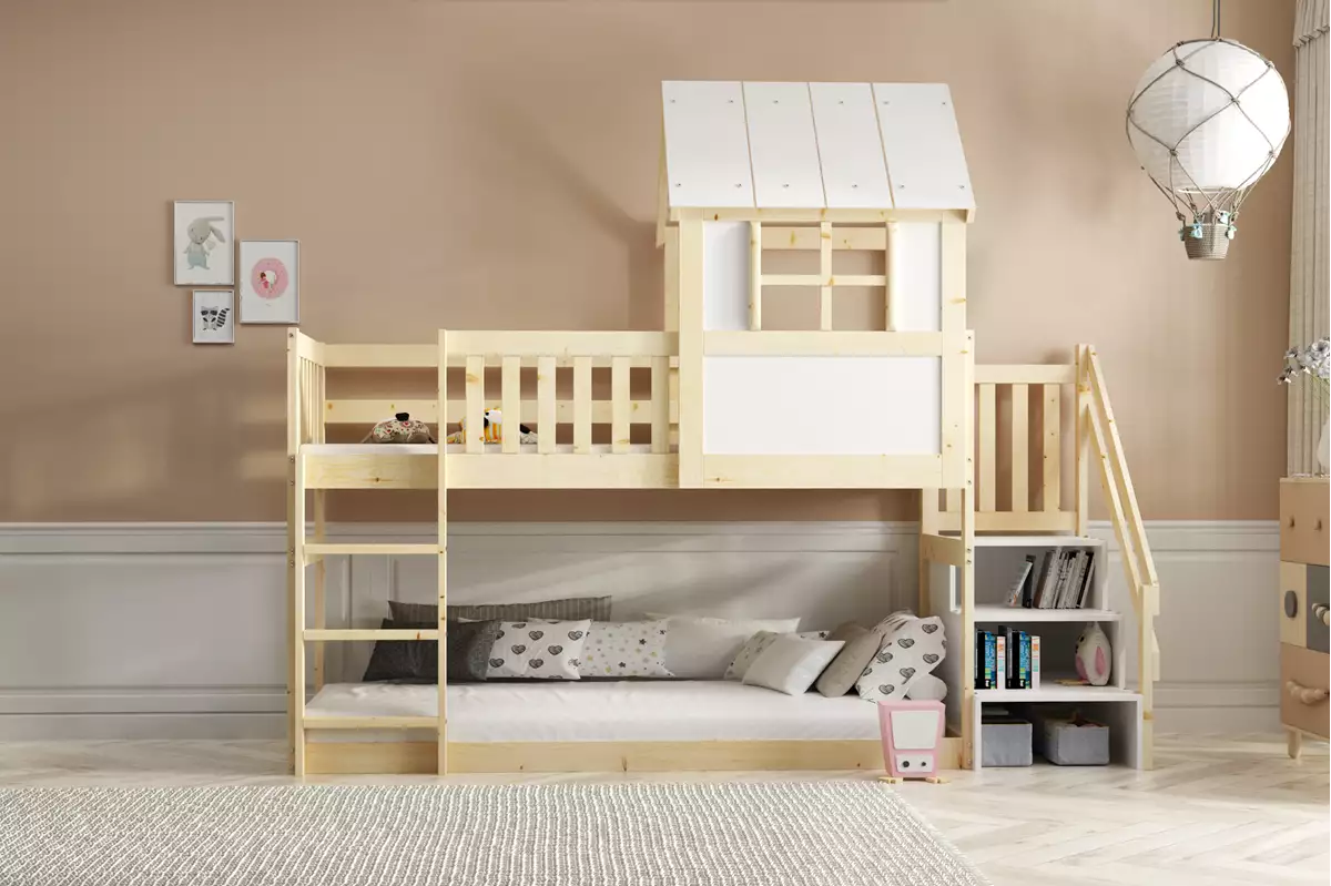 Bērnu gulta Antresola Domek S 90x200 ar stelāžām Guļamvietas platums: 90 cm, Guļamvietas garums: 200 cm, · Priede · 97 ×