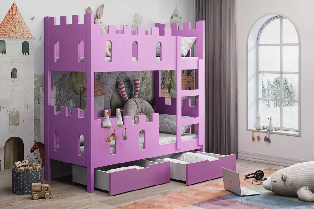Bērnu gulta Zamek ar stelāžām Guļamvietas platums: 75 cm, Guļamvietas garums: 180 cm, · Rozā · 81 × 188 × 160 cm