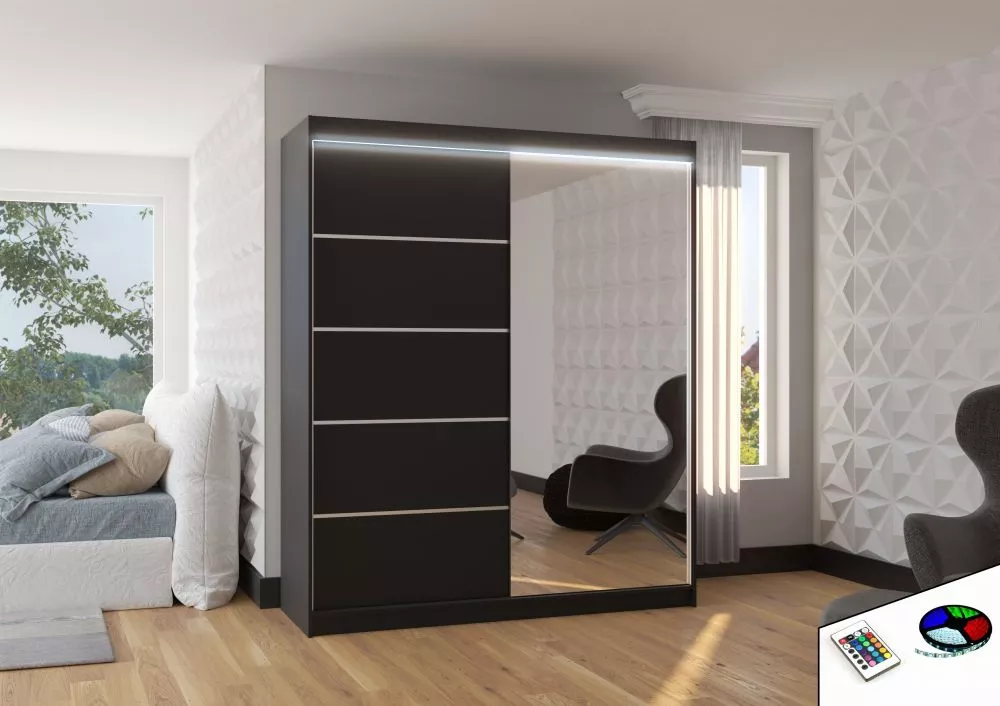 Skapis Caro Premium ar LED · Melns · 180 × 58 × 215 cm