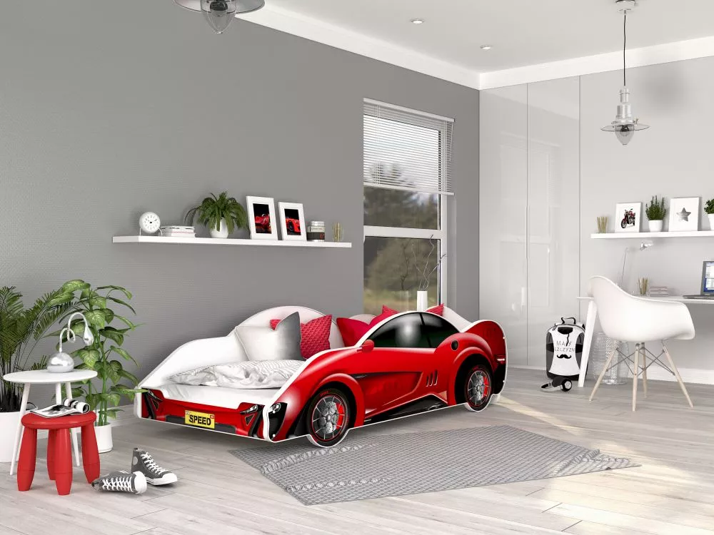 Bērnu gulta Cars 90x180 ar stelāžu Guļamvietas platums: 90 cm, Guļamvietas garums: 180 cm, · Sarkans · 94 × 203 × 61 cm