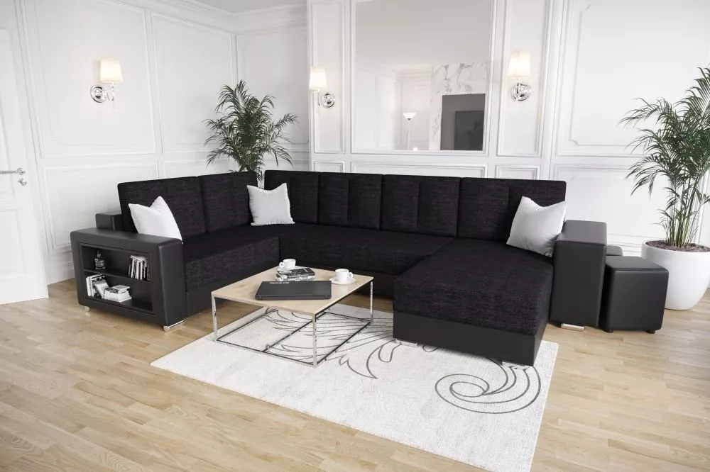 Dīvāns Kris U standard · Melns + melns · 210 × 330 × 85 cm