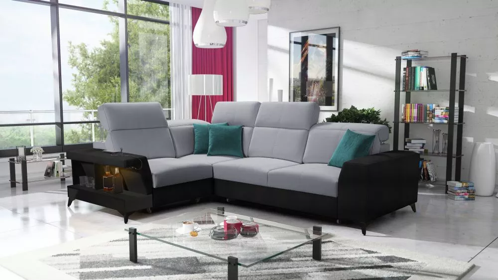 Dīvāns Belutti 2 Satin Black Standard ar LED · Pelēks + melns · 212 × 288 × 84 cm