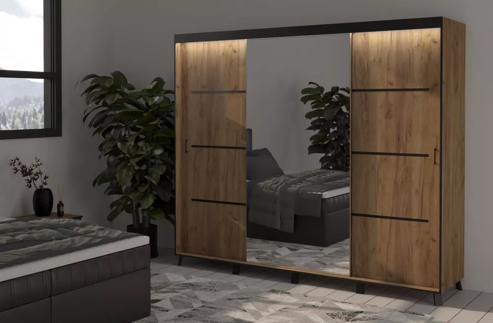 Skapis Gildo ar LED · Ozols craft zelts · 250 × 61 × 215 cm