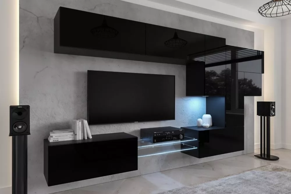 Sekcija Next AN92 gloss ar LED · Melns · 303 × 35 × 206 cm