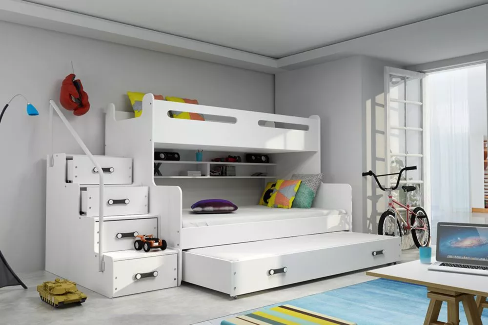 Bērnu gulta Max 3 Premium ar stelāžām Guļamvietas platums: 120 cm, Guļamvietas garums: 200 cm, · 124 × 258 × 145 cm