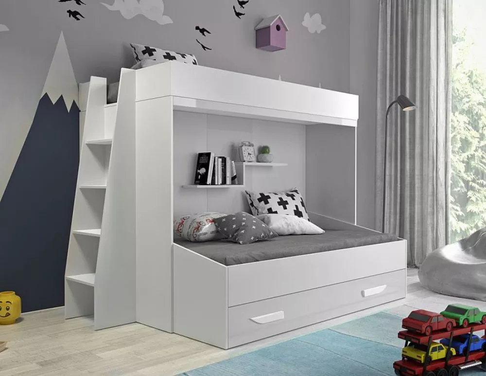 Bērnu gulta Party 17 ar stelāžām Guļamvietas platums: 90 cm, Guļamvietas garums: 200 cm, · 135 × 230 × 165 cm