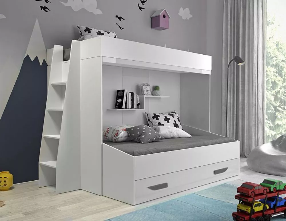 Bērnu gulta Party 17S ar stelāžām Guļamvietas platums: 90 cm, Guļamvietas garums: 200 cm, · 135 × 230 × 165 cm