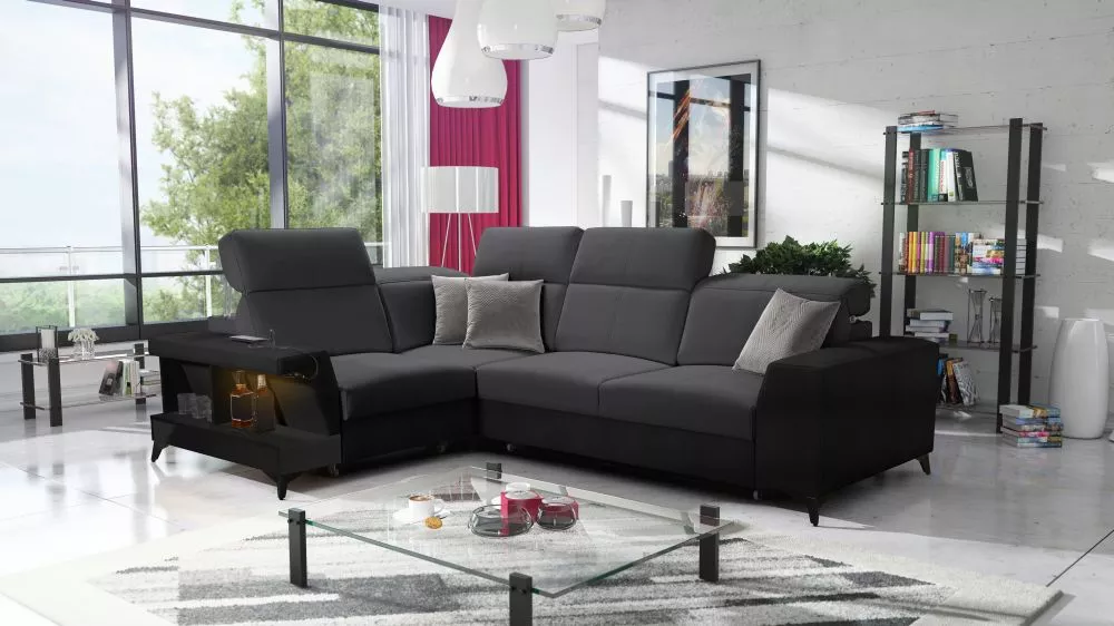 Dīvāns Belutti 2 Satin Black Standard ar LED · Grafīts + melns · 212 × 288 × 84 cm