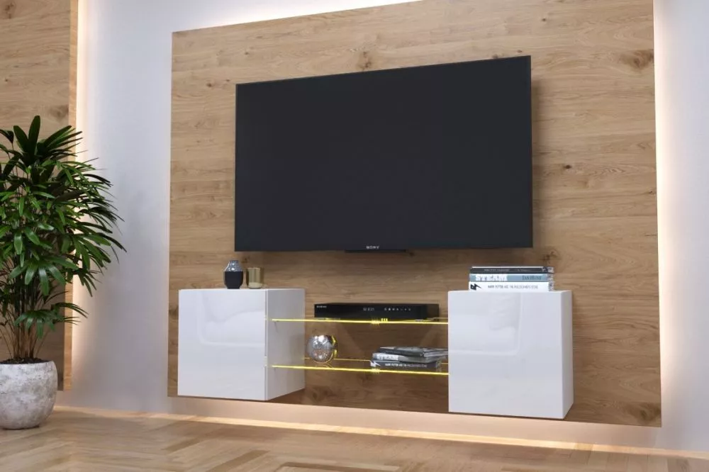 TV tumba Exclusive 5 gloss ar LED · Balts · 142 × 35 × 40 cm