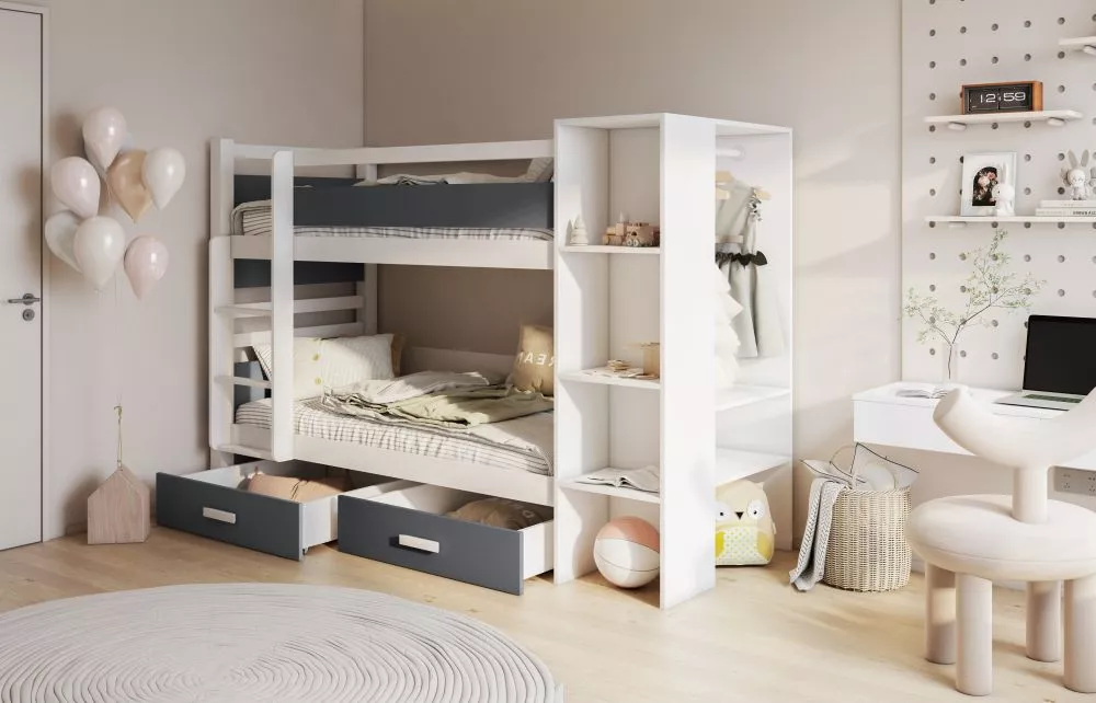 Bērnu gulta Apollo ar stelāžām Kāpņu puse: Pa labi, Guļamvietas platums: 80 cm, Guļamvietas garums: 180 cm, · 93 × 232 ×