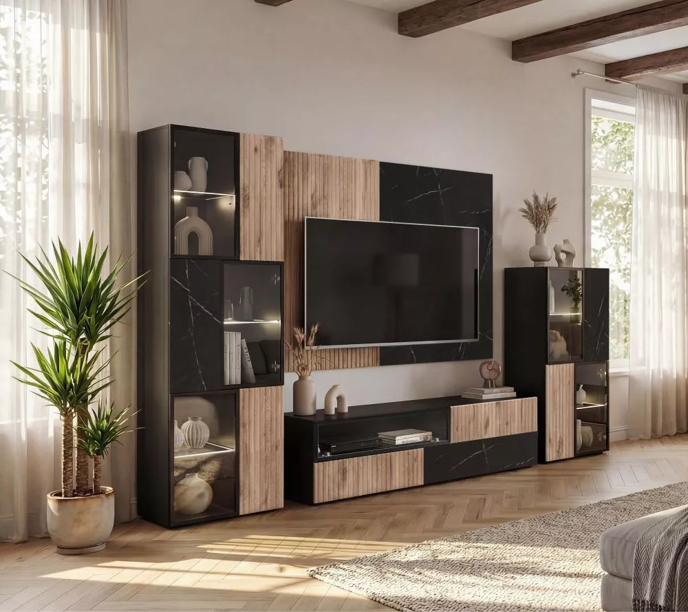 Sekcija Cannes M2 ar LED Korpusa krāsa: melns + melns marmors, · 280 × 45 × 182 cm