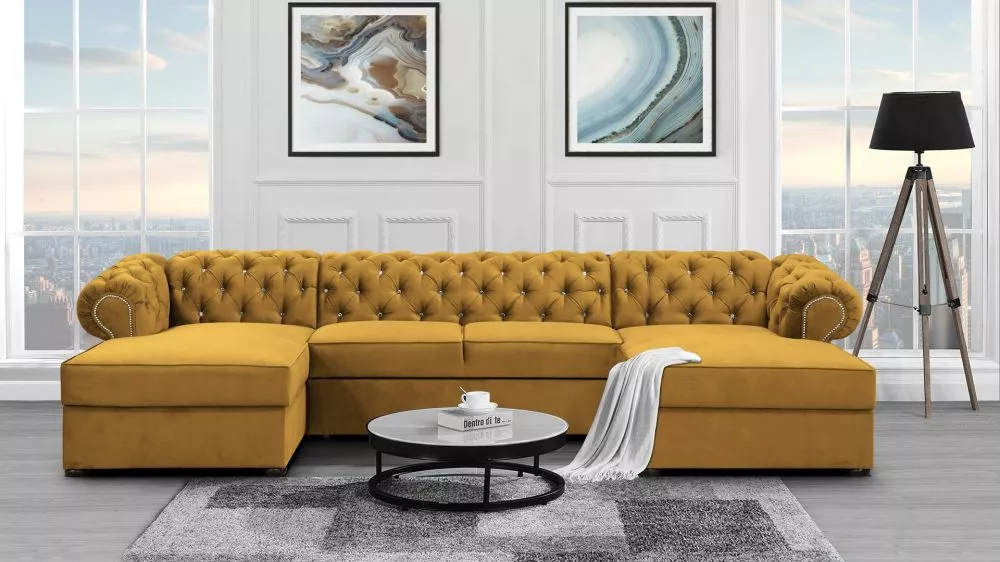 Dīvāns Valentino U Cristal Standard · Zelta · 174 × 348 × 81 cm