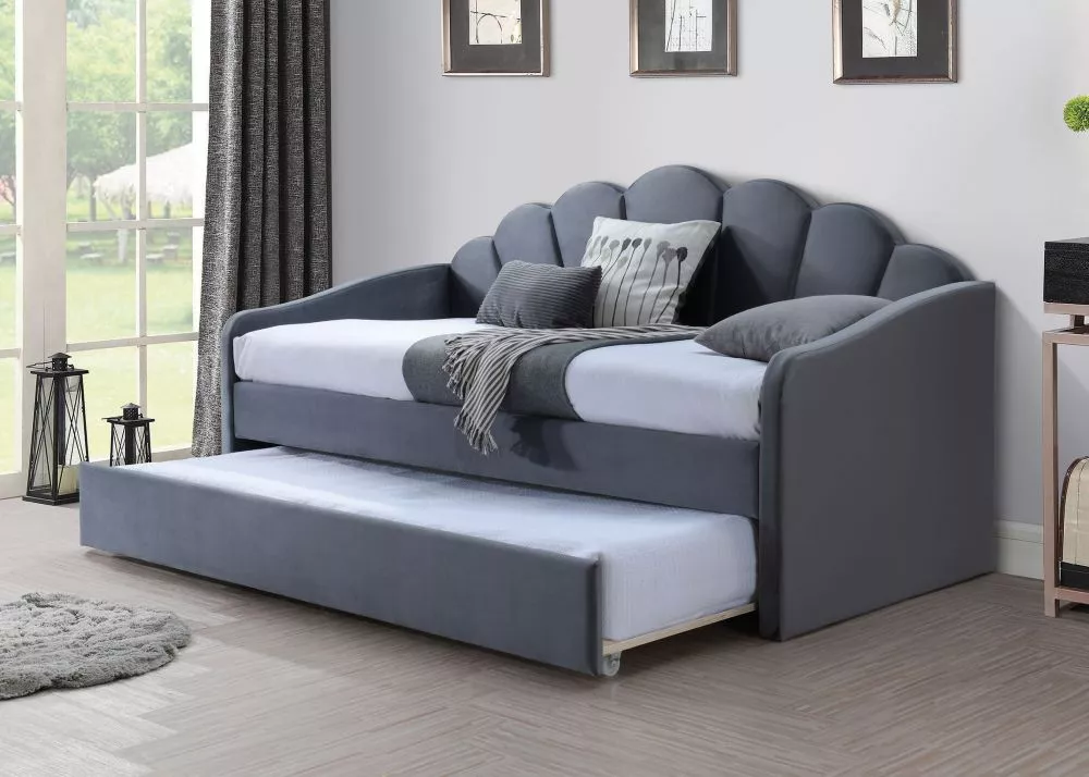 Gulta Bella Velvet ar stelāžām Guļamvietas platums: 90 cm, Guļamvietas garums: 200 cm, · Pelēks · 102 × 214 × 116 cm