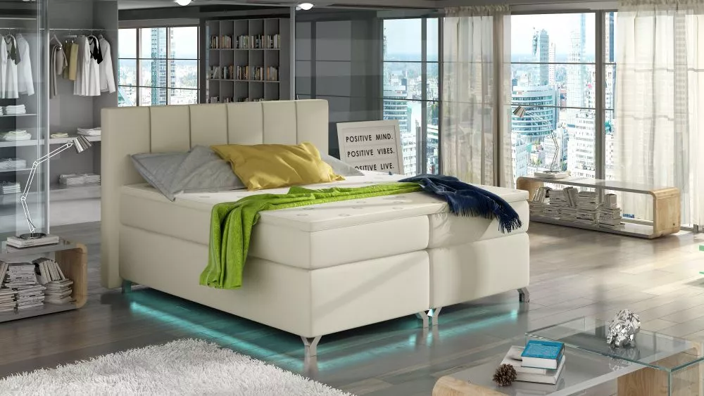 Gulta Basilio Boxspring Classic ar LED standard Guļamvietas platums: 140 cm, Guļamvietas garums: 200 cm, · Krēma · 155 ×