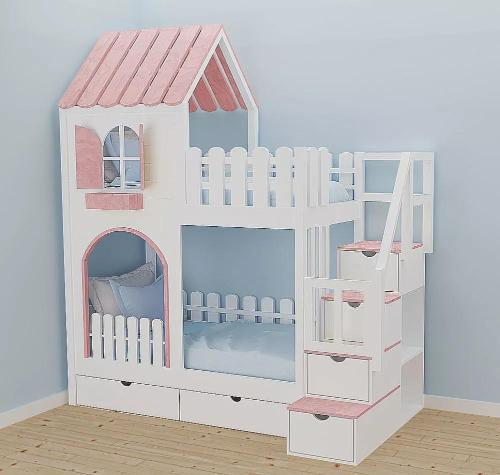 Bērnu gulta ID 114P ar stelāžām Kāpņu puse: Pa labi, Guļamvietas platums: 80 cm, Guļamvietas garums: 160 cm, · 112 × 212