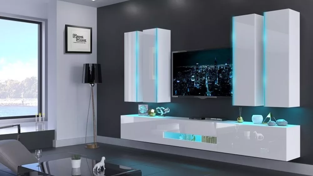 Sekcija Next 52 gloss ar LED · Balts · 273 × 35 × 200 cm