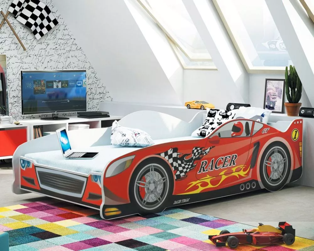Bērnu gulta Cars ar stelāžu Guļamvietas platums: 80 cm, Guļamvietas garums: 160 cm, · Sarkans · 83 × 166 × 50 cm