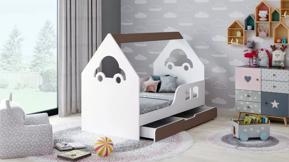Bērnu gulta House Comfort ar stelāžu Guļamvietas platums: 70 cm, Guļamvietas garums: 140 cm, · 74.5 × 145 × 106 cm