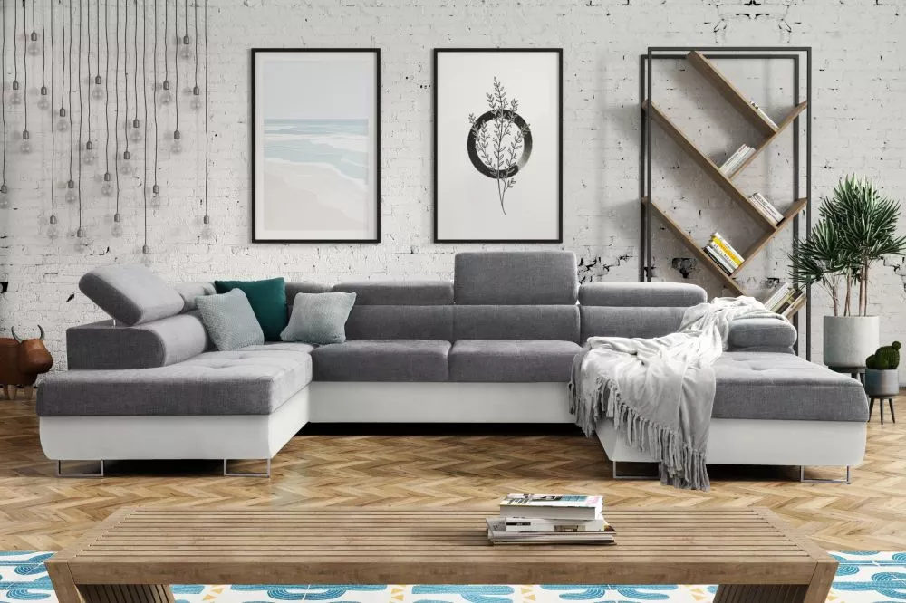 Dīvāns Annabelle U 2 Eco Standard · Pelēks + balts · 201 × 343 × 76 cm