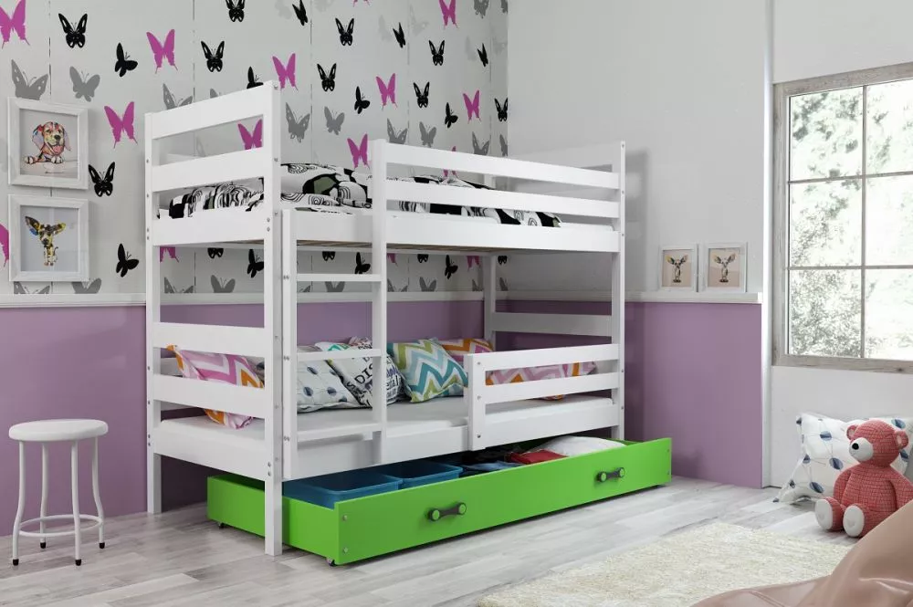 Bērnu gulta Eryk Bunk White 90x200 ar stelāžām Guļamvietas platums: 90 cm, Guļamvietas garums: 200 cm, · 97 × 206 × 154 