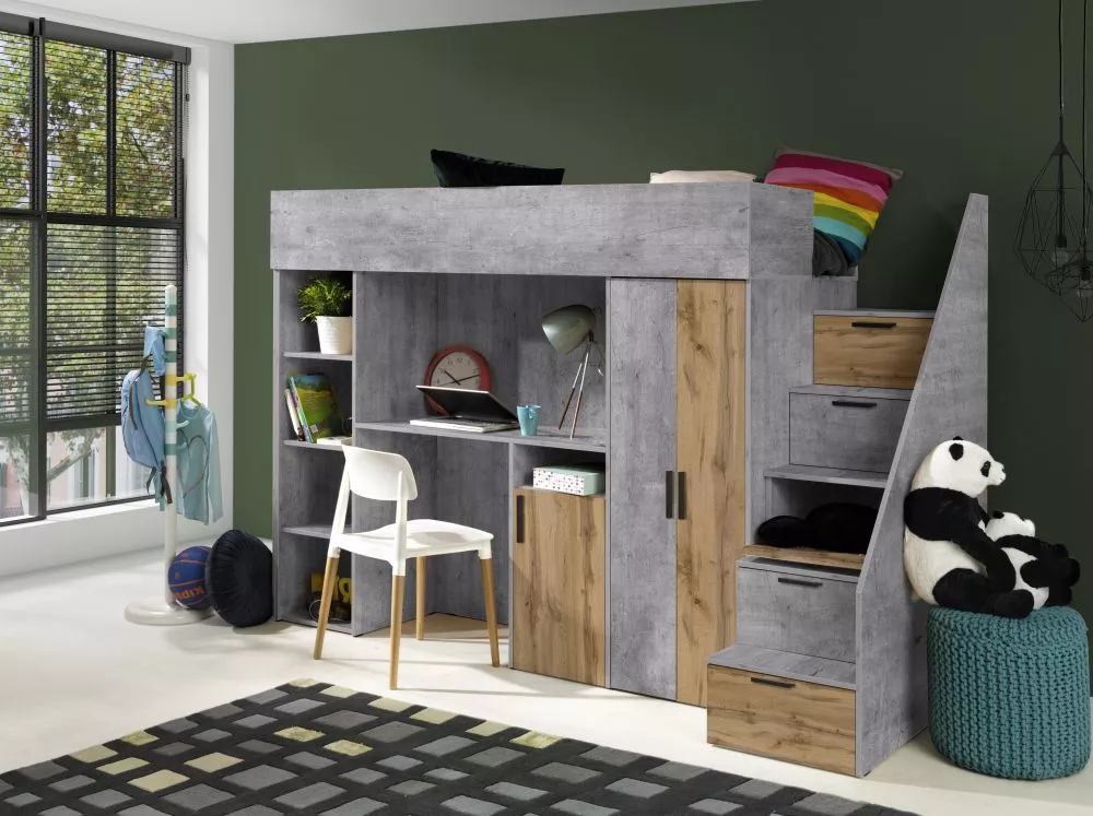 Bērnu gulta Konkret 14 ar stelāžu Guļamvietas platums: 90 cm, Guļamvietas garums: 200 cm, · 120 × 247 × 165 cm