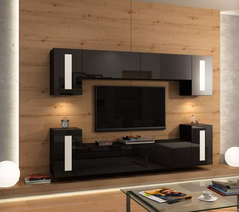 Sekcija Mirage Gloss ar LED · Melns · 240 × 35 × 190 cm