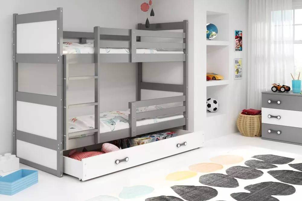 Bērnu gulta Rico Bunk Graphite ar stelāžu Guļamvietas platums: 90 cm, Guļamvietas garums: 190 cm, · 97 × 195 × 154 cm