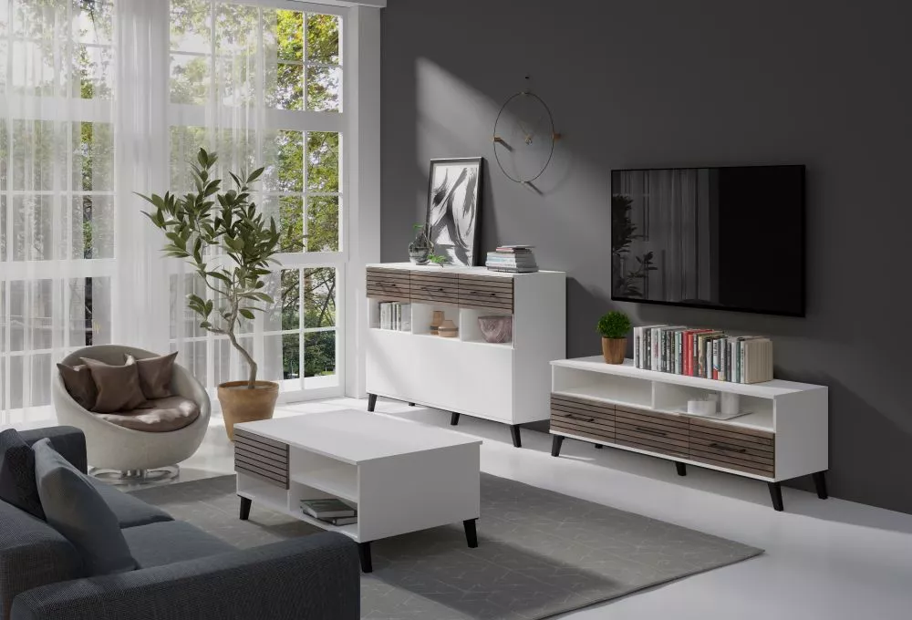 Sekcija Carlo Set 2 Korpusa krāsa: balts, Elementu krāsa: tumšais ozols, · 94 cm