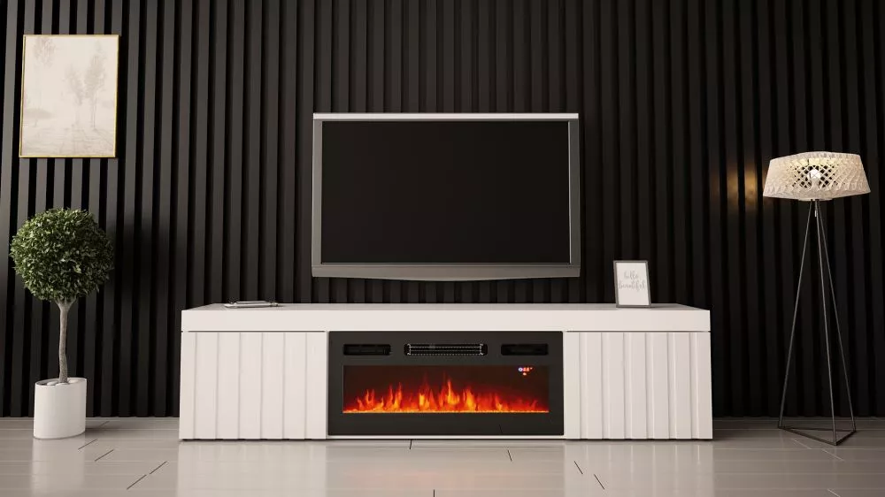 TV tumba Kalatan 180 ar kamīnu · Balts · 180 × 35 × 44 cm