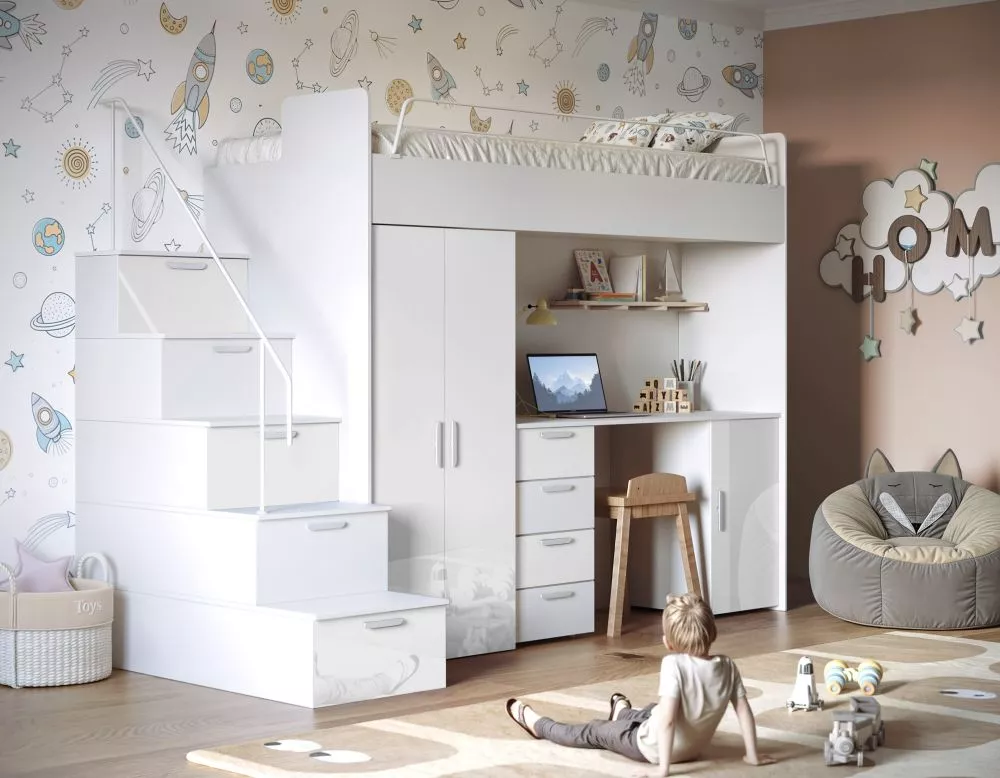 Bērnu gulta Raj 4 Gloss ar stelāžu Guļamvietas platums: 80 cm, Guļamvietas garums: 200 cm, · 120 × 254 × 180 cm