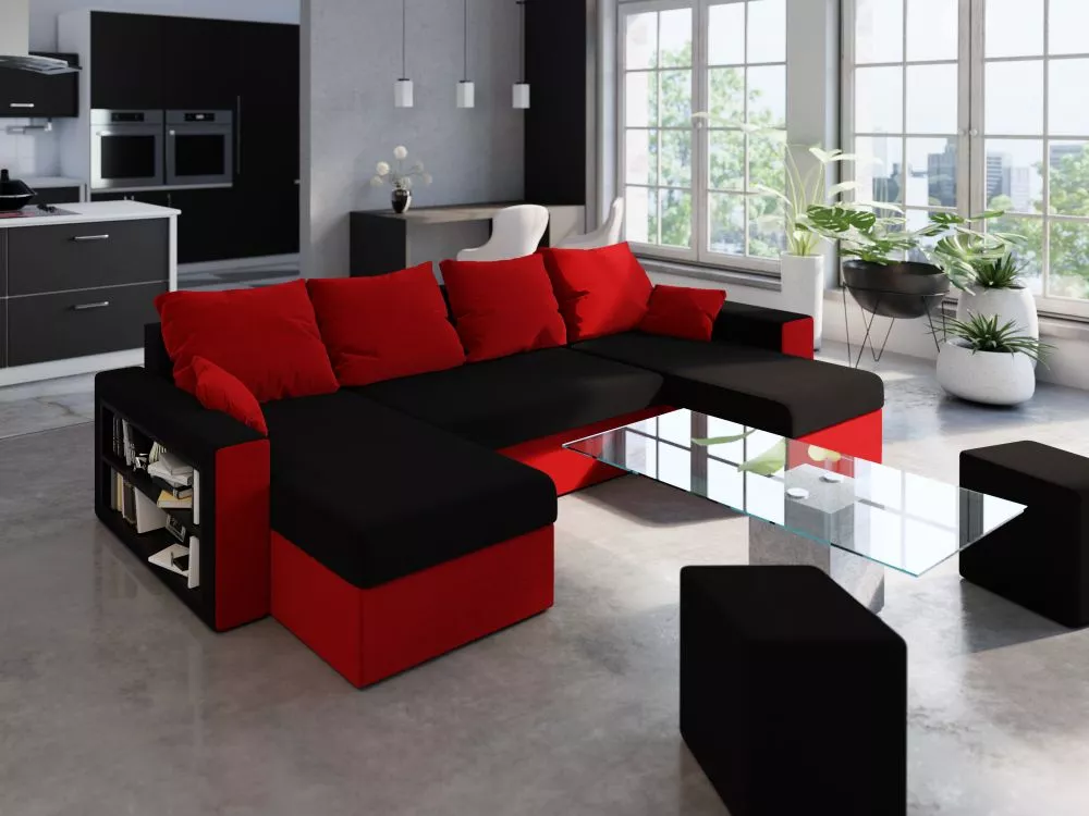Dīvāns Boston Corner Standard · Melns + sarkans · 140 × 327 × 90 cm