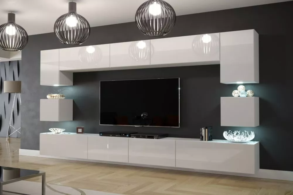 Sekcija Next 1 ar LED gloss · Balts · 302 × 35 × 187 cm