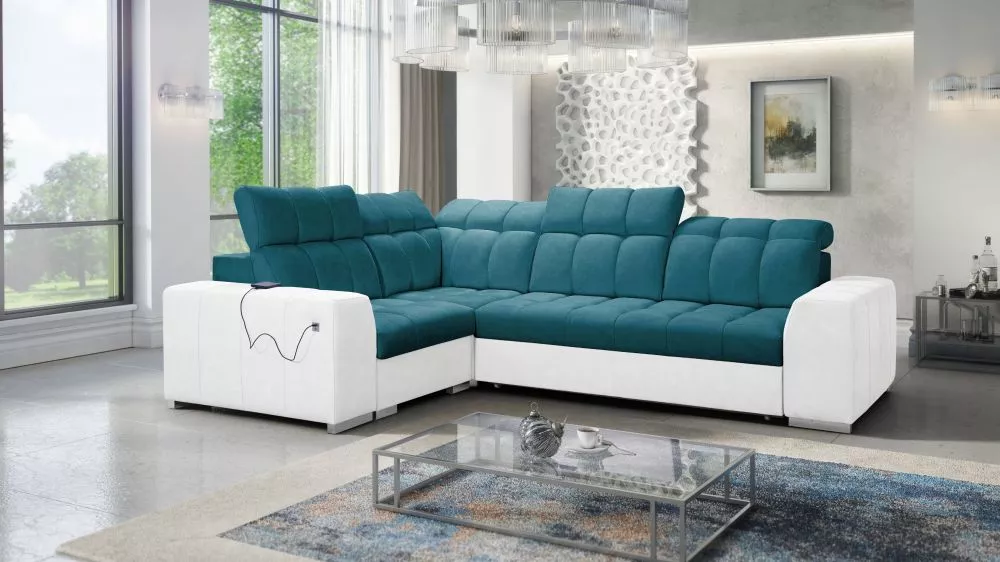 Dīvāns Pagano 2 Premium Standard · Tirkīzs + balts · 209 × 285 × 83 cm