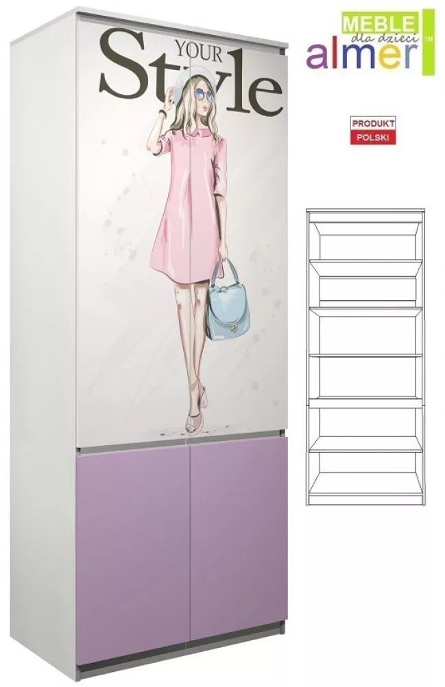 Grāmatu skapis Fashion C20 Elementu krāsa: daudzkrāsains, Korpusa krāsa: balts + lillā, · 90 × 55 × 224 cm