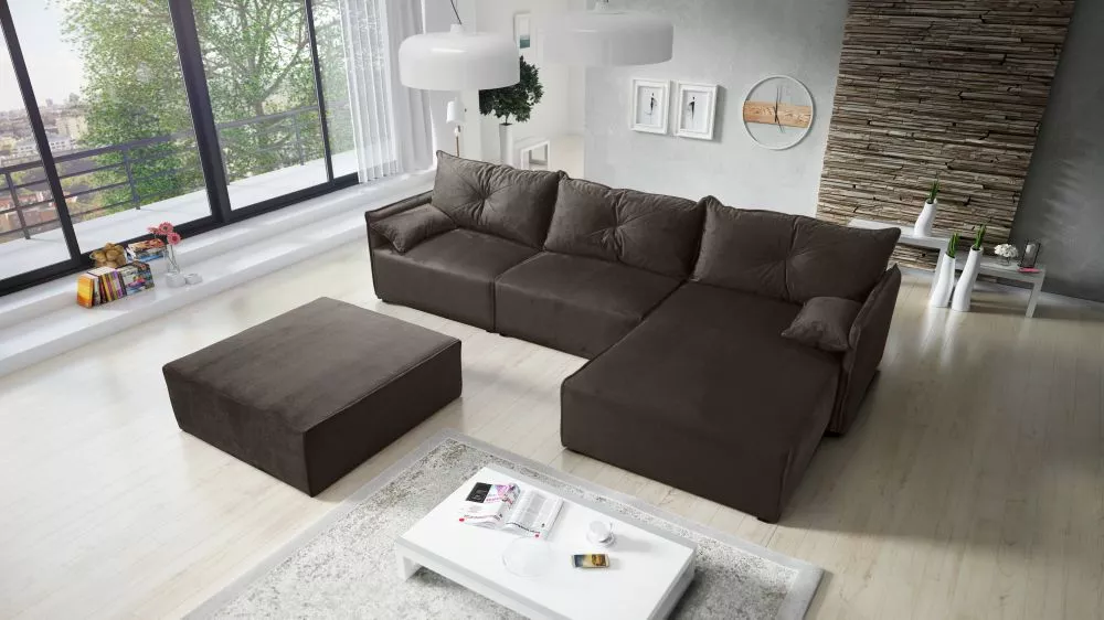 Dīvāns Leon 2 Standard ar pufu · Tumši brūns · 179 × 318 × 85 cm