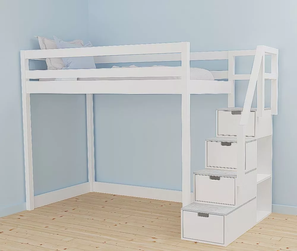 Bērnu gulta 117A ar stelāžu Kāpņu puse: Pa labi, Guļamvietas platums: 80 cm, Guļamvietas garums: 160 cm, · 112 × 212 × 1