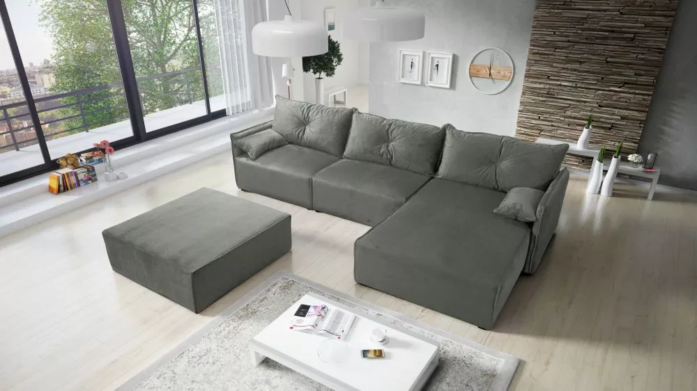 Dīvāns Leon 2 Standard ar pufu · Pelēks · 179 × 318 × 85 cm