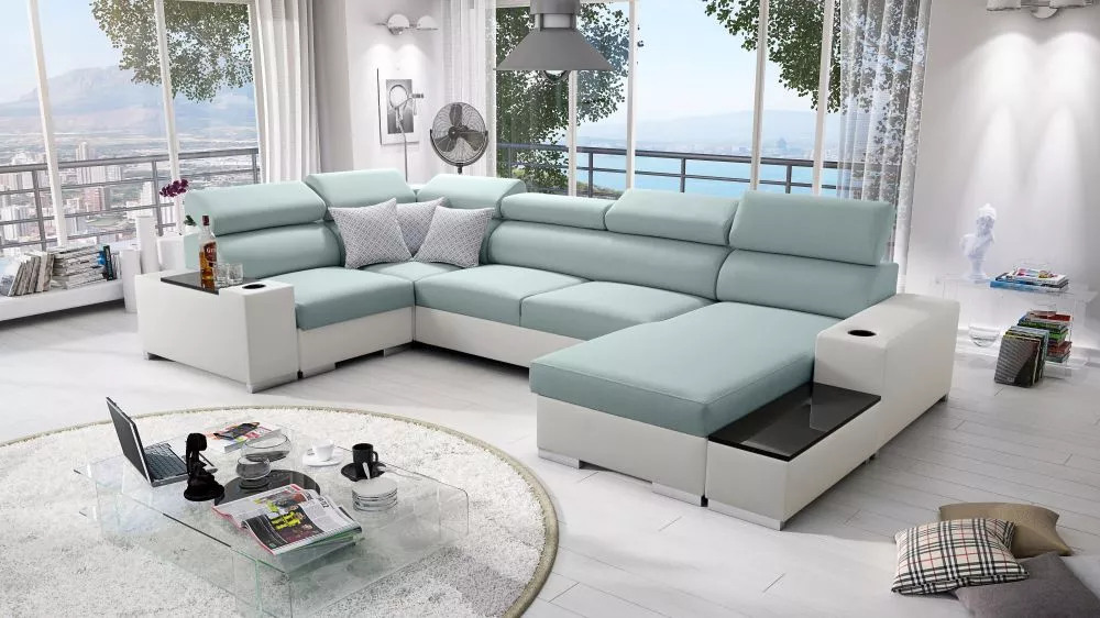 Dīvāns Perseo 4 Maxi Standard · Gaiši zils + balts · 205 × 358 × 95 cm