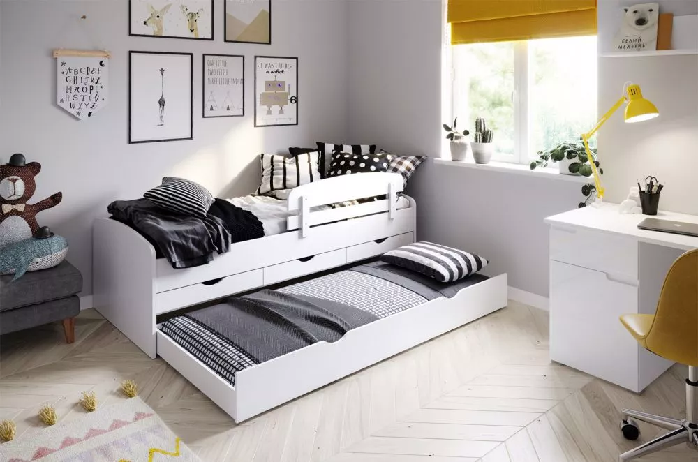Bērnu gulta Nicole 01 ar stelāžu Guļamvietas platums: 90 cm, Guļamvietas garums: 200 cm, · Balts · 96 × 206 × 64 cm