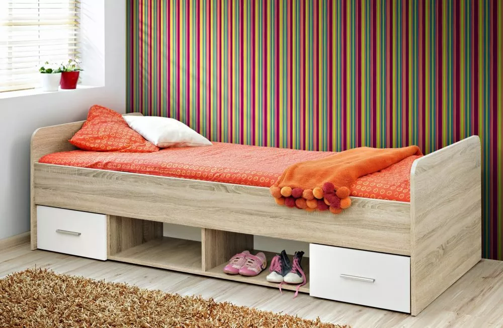 Bērnu gulta Dino ar stelāžu Guļamvietas platums: 90 cm, Guļamvietas garums: 200 cm, · 96 × 204 × 64 cm