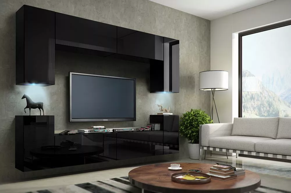 Sekcija Concept 1 gloss ar LED · Melns · 256 × 35 × 170 cm