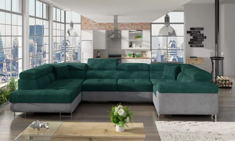 Dīvāns Letto Lux standard · Tumši zaļš + pelēks · 202 × 340 × 90 cm